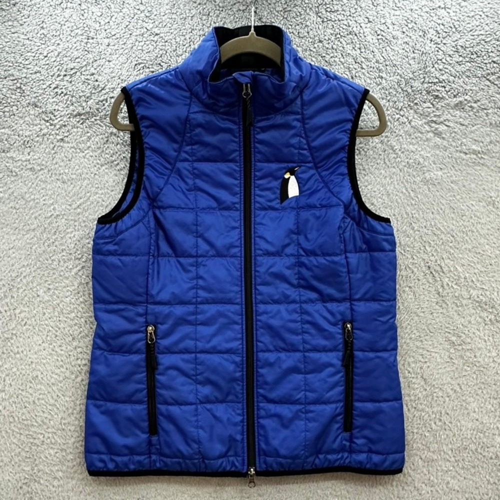 Lands End Women's Medium Blue Quilted Puffer Vest Penguin Logo Full Zip Comfort